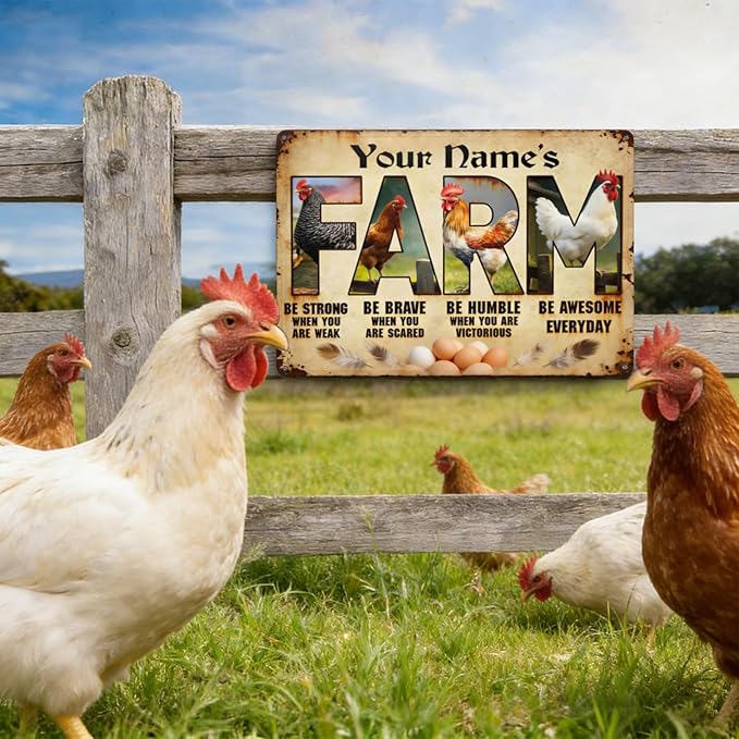 Custom Name Chicken Rooster Metal Tin Sign Personalized Farm Plaque Wall Art Vintage Rustic Decor Be Strong Be Brave Motivational Quote Barn Backyard Gift