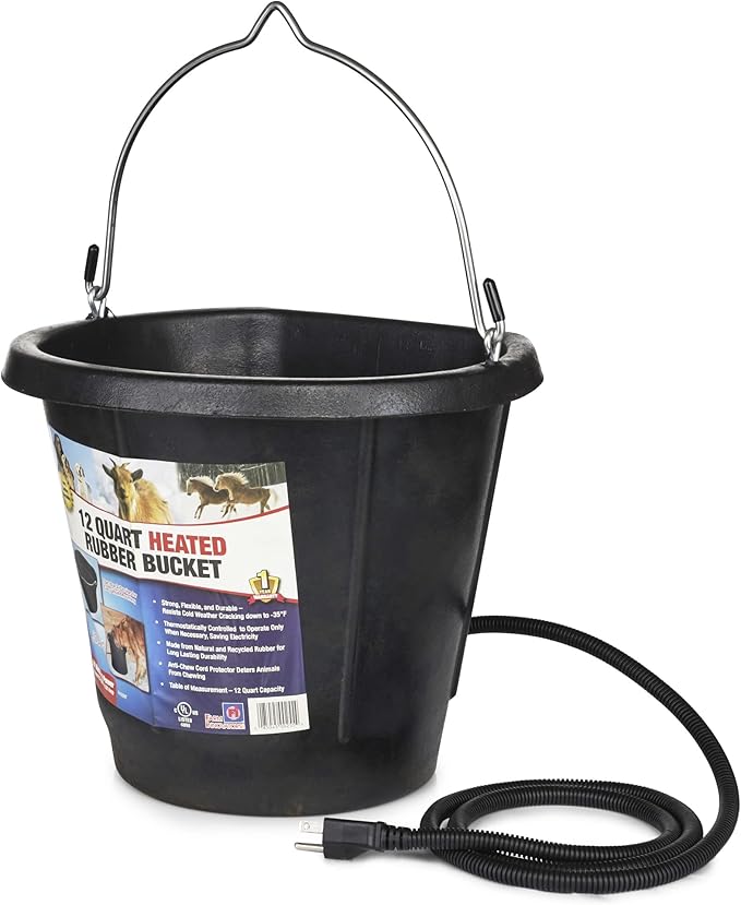 Farm Innovators FB-80R Rubber 3 Gallon Flat Back Heated Bucket with Metal Handle, Built in Thermostat, and Concealed Heating Element, 70 Watt