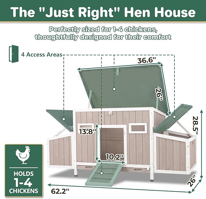PetsCosset 62" Chicken Coop for 2-4 Chickens, Large Hen House with 4 Nesting Boxes, Openable Waterproof Roof, Roosting Bars, Lockable Doors & Pull-Out Tray, Weatherproof Outdoor Chicken House