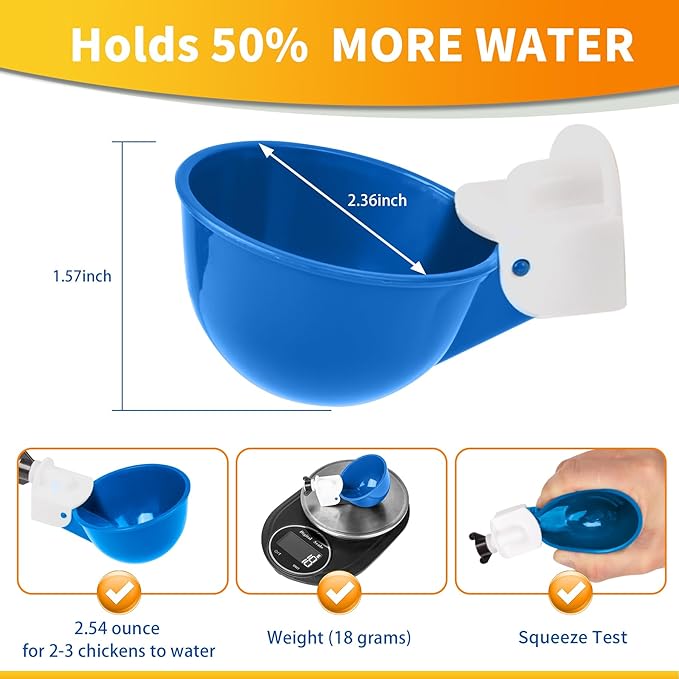 Chicken Water Cups 12 Pack, Automatic Filling Waterer Feeder Bowl, Gravity Poultry Watering System, Chicken Water Dispenser, Chicken Coop Accessories for Hens, Duck, Goose, Turkey (Blue)