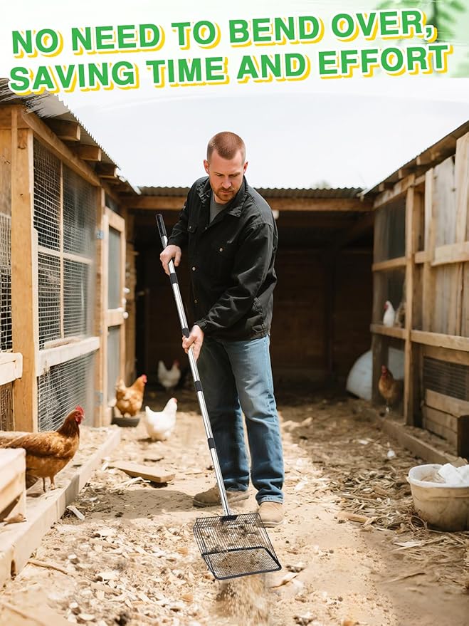 10'' Wide Chicken Poop Scooper - Adjustable 36''-76'' Long Handle, Heavy Duty Litter Sifting Scoop Shovel Chicken Coop Accessories for Efficient Cleaning Protect Back