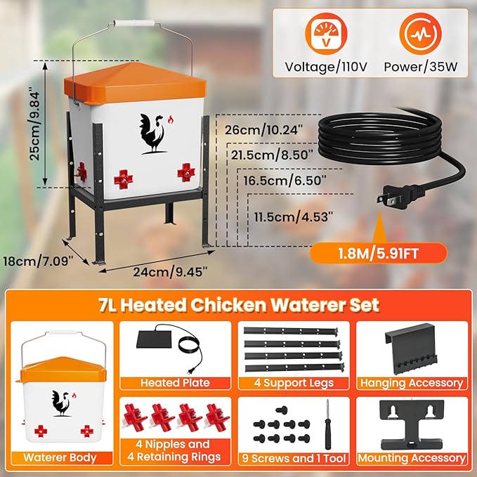 Heated Chicken Waterer, Poultry Water Heater for Winter with 4-Nipple, Thermostatically Controlled, 4 Adjustable Heights, Anti-Freezing Watering System for Coop Accessories (Orange, 7L)