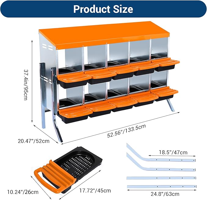 GarveeLife Chicken Nesting Box, 10 Compartments Nesting Boxes for Chickens, Chicken Laying Boxes with Legs, Roll Away Nesting Box for Chickens Laying Egg with Lid Cover to Protect Eggs, Orange