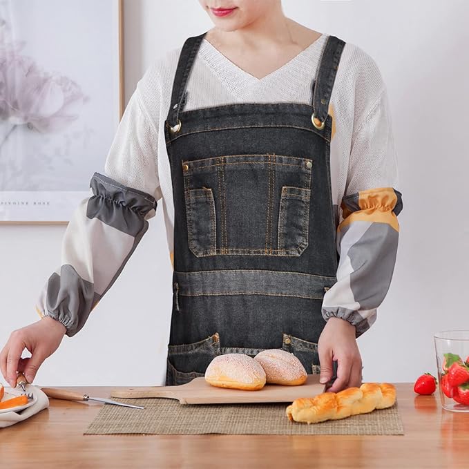Denim Apron with Multi Pockets for Kitchen, Cooking, BBQ & Gardening