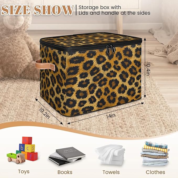 Storage Cubes with Lid Fabric Storage Bins Boxes PU Leather Handles, Leopard Print Animal Skin Closet Organizer Container Foldable Washable Shelf Cloth Basket, Leopard Print