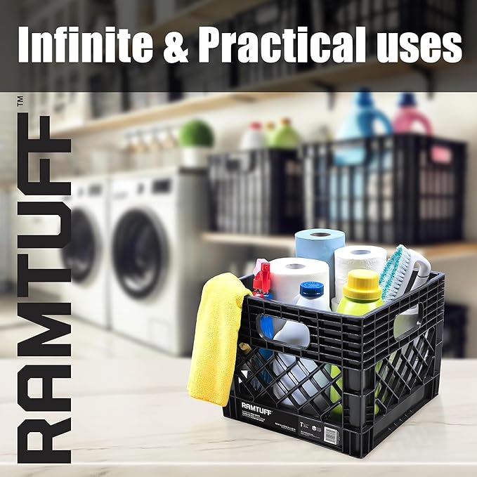 Ramtuff 4 Pack Storage Milk Crate, Durable Plastic Home Organizers, Stackable Box Set with Reinforced Handles, 250 lb Load Capacity, Black