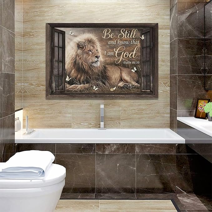 banonaty Lion Wall Art Rustic Farmhoues Christian Decor Of Judah Pictures Canvas Prints Artwork Inspirational Psalm Scripture Gifts Home Decorations For Bathroom Kitchen Office Framed 24''x16''