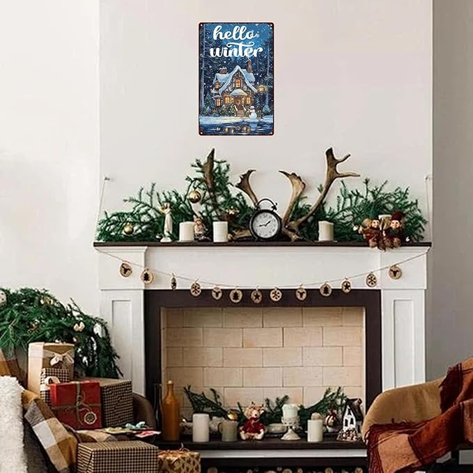 Hello Winter Sign Aluminum Metal Sign Funny Tin Sign for Home Farmhouse Bar Cafe 12×8 Inch