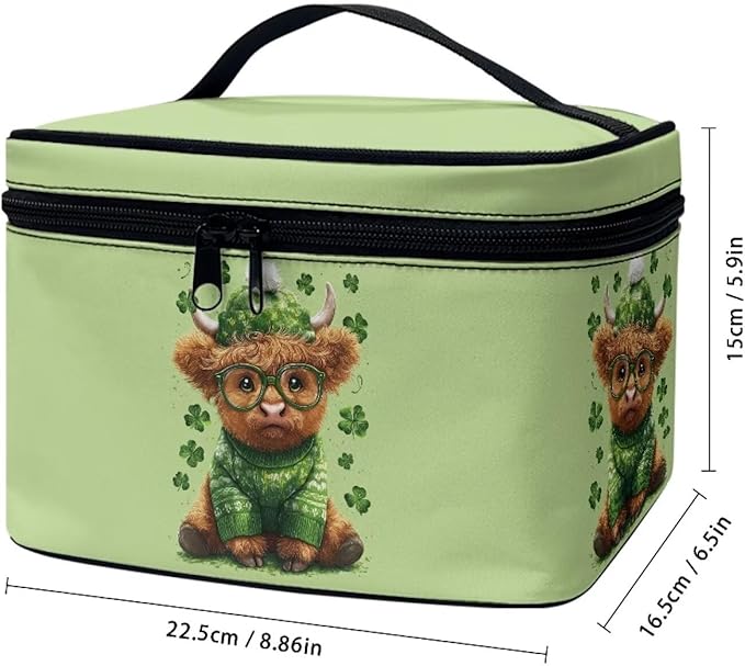 Travel Makeup Bags for Women Portable Tote Cosmetic Case with Carry Handle Toiletry Accessories Storage Organizer Bags for St. Ptrick's Day, Shamrock Highland Cattle Green