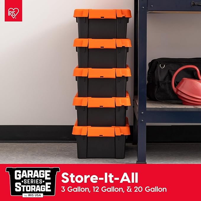IRIS USA 12 Gallon Lockable Storage Bins with Lids, 2 Pack - Made in USA, Heavy Duty, Stackable Containers, Garage Organizing Bins Moving Tubs, Rugged Sturdy Equipment Utility Box - Black/Orange