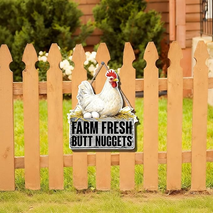 Farmhouse Kitchen Wall Decor, Chicken Coop Sign Farm Fresh Butt Nuggets, Rustic Wood Hanging Plaque, Vintage Painting Style Hen and Eggs Wall Art for Country Kitchen Breakfast Nook, 9.8x11.1 Inches