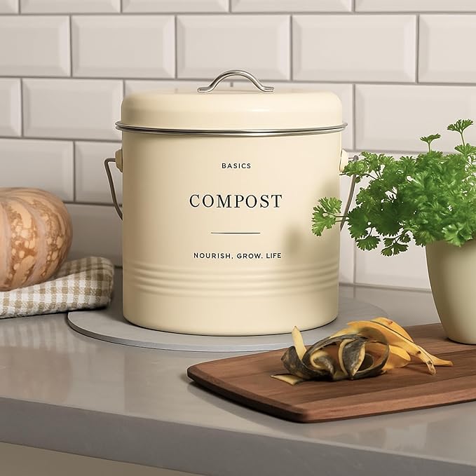 D'Lifeful Kitchen Compost Bin – 1.3 Gallon Countertop Farmhouse Compost Container with Lid – Odorless Indoor Food Scrap Pail with 6 Charcoal Filters – Eco-Conscious and Easy to Clean - Cream