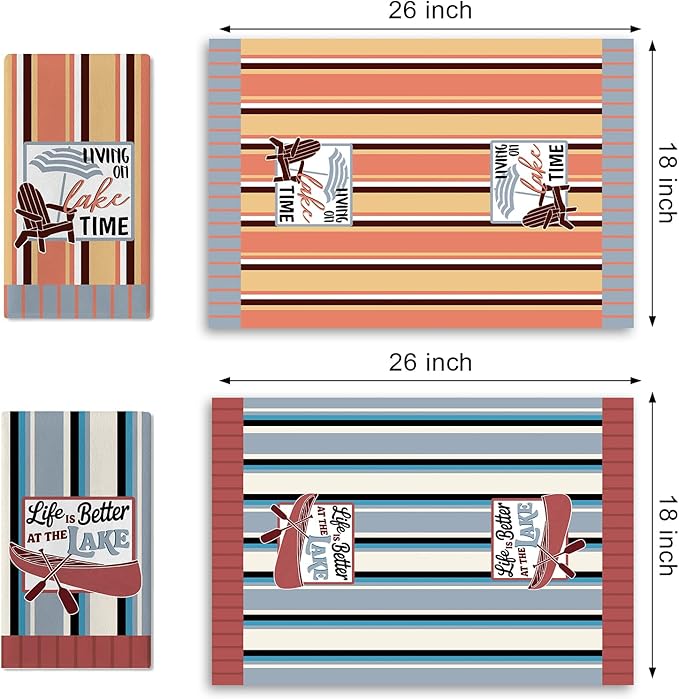 Life is Better at The Lake Kitchen Dish Towels Set of 2, Lakehouse Boat Chair Cabin Drying Hand Towel Baking Cooking Cloth, Farmhouse Stripes Bathroom Home Decoration 18'' x 26''