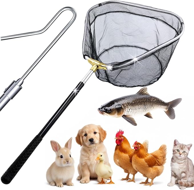Retractable Poultry Chicken Catcher Net - Heavy-Duty Stainless Steel Extendable 16" to 58.5" Triangle Chicken Net with Secure Leg Hook for Safely Catching Chickens, Duck, Geese and Small Bird