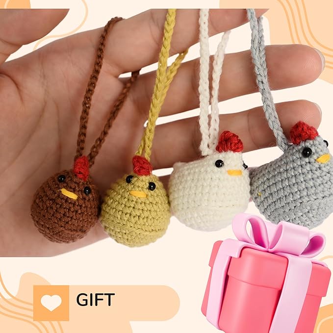 Handmade Crochet Chicken Keychain Set of 4 – Chicken Christmas Ornaments, Funny Stuffed Animal Bag Charm, Car Mirror Ornament, Cute Farmhouse Decor, Gift for Chicken Lovers, Valentine Gifts