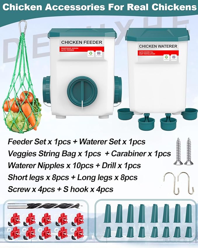 Chicken Feeder and Waterer Set, 3 Gallon/26.5 Pounds, Automatic Chicken Feeders and Chicken Waterer, Detachable for Chick, Duck & Quail Coop Use, Outdoor Farm & Backyard (Upgraded)