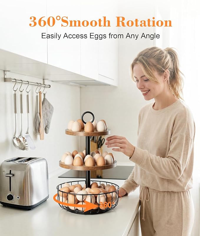 3-Tier 360° Rotating Egg Holder with 24+40 Egg Capacity - Rustic Farmhouse Kitchen Counter Organizer, Tiered Storage Rack with Ventilated Wooden Trays & Metal Basket for Easy Access and Freshness
