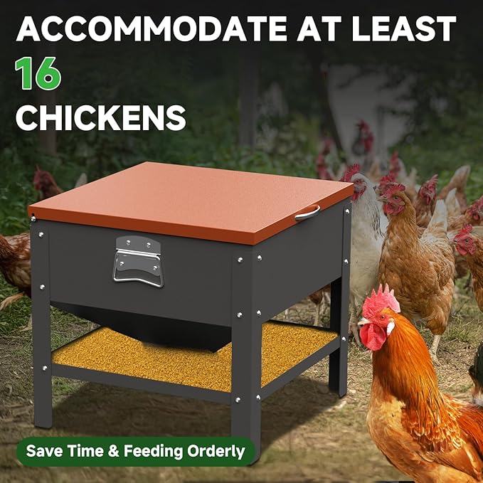 Portable Metal Chicken Feeder with Waterproof Lid, Freestanding Chicken Feeding Box with 80 lbs Large Capacity for Chickens, Orange
