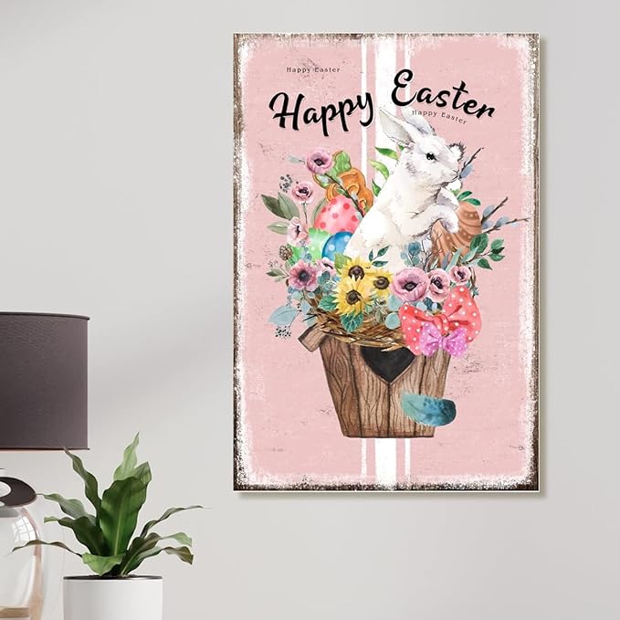 Wooden Sign Plaque French Style Floral Pink Stripes Sign Happy Easter Flower Basket Bunny Wall Art Decor Bunny Rabbit Happy Easter Wood Wall Art Sign for Living Room 8x12in