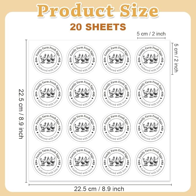 320 Pcs Egg Carton Labels, 2 Inch Round Family Farm Fresh Egg Sticker PET Adhesive Egg Packaging Sticker for Box Container Carton Farm Supplies