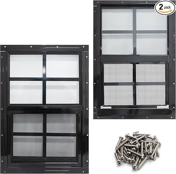 NeatiEase 2 Pack Shed Windows with Black Frame, 18x 23 Flush Mount Small Window with Tempered Glass and Fiberglass Screen for Shed, Chicken Coop, Playhouse, Household, Garage
