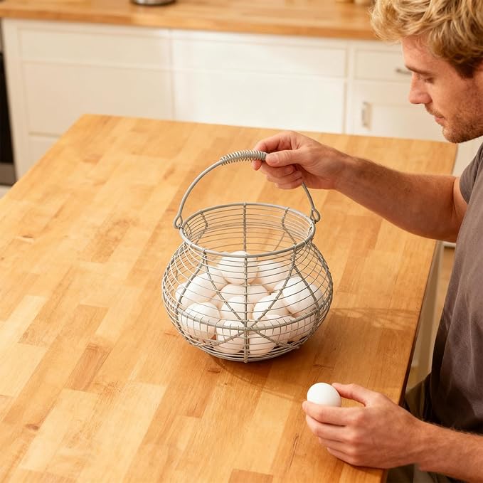 Wire Egg Gathering Basket - Farmhouse Metal Storage Holder, Vintage Chicken Coop Carrier with Wooden Handle Grip | Fresh Eggs Gatheringg Baskett for Kitchen Pantry Decor