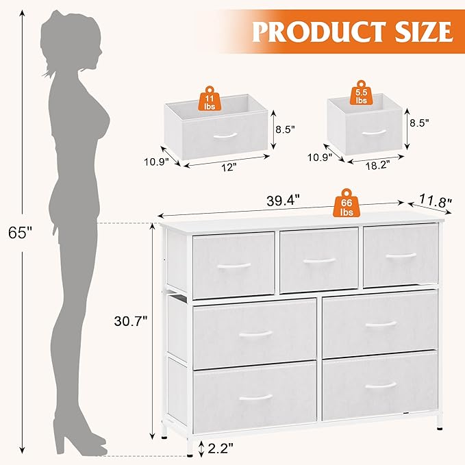 WelFurGeer 7-Drawer Fabric Dresser with Metal Frame, Dressers & Chests of Drawers, White Chest of Drawers for Bedroom, Hallway, Entryway, Closets, Kids Room Organization, White