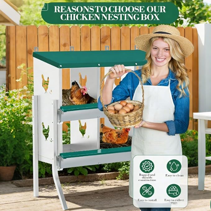 Chicken Nesting Box 6 Compartment with Legs 10 Pet Moisture Pads and 4 Fake Eggs Roll Away Egg Collection, Perch, Lid Cover for Egg Protection - Wall Mount Nest Box for Chickens, Hens, Ducks