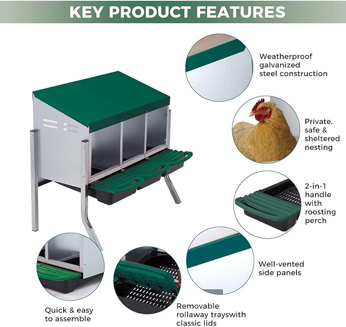 Chicken Nesting Boxes, Metal Rollaway Chicken Nest Box with Rollout Egg Collection, Removable Tray & Nesting Pads, Egg Laying Box for Chicken Coop Hens, Wall Mount or Standing, 3 Compartments, Green