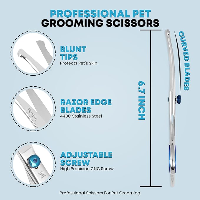 6.5” Curved Pet Grooming Scissors – Professional Dog Hair Cutting Shears with Blue Adjustable Tension Screw & Comfort Grip – Ideal for Face, Ears, Paws & Finishing