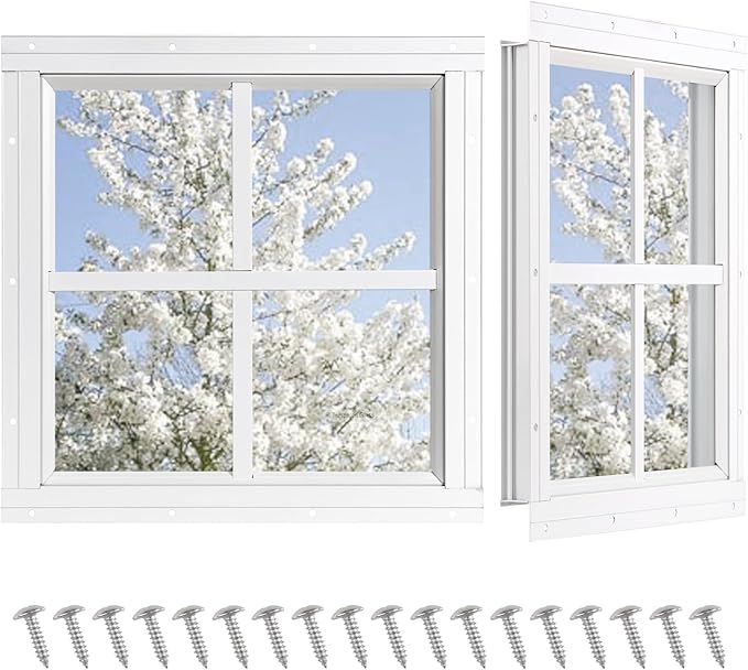 Shed Windows 2 Pack, Chicken Coop Windows 12" x 12" with Tempered Glass, Square Gable Flush Mounted Small Window for Shed, Playhouse, Household, Garage (White)