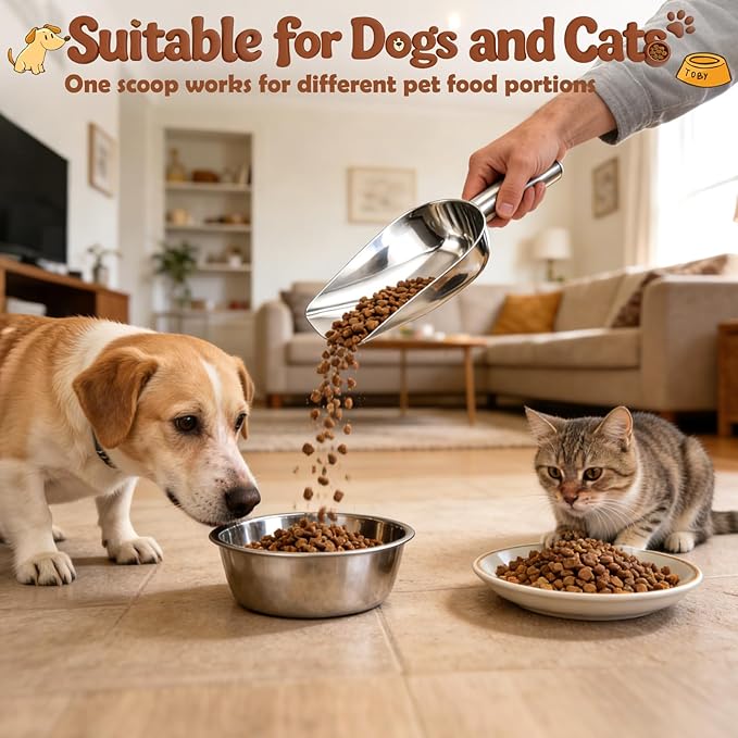BABORUI Dog Food Scoop Stainless Steel with 1, 3/4, 1/2, 1/4 Cup Measurement, Pet Food Measuring Scoop for Dry and Wet Pet Food, Daily Metal Precision Feeding Tool for Dogs Cats
