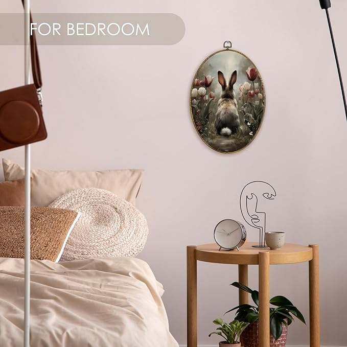 Fewgb Bunny Rabbit Oval Wall Art Decor Framed for Bunny Lovers Gifts, Floral Easter Bunnies Canvas Wall Art Prints Picture, Moody Spring Tulip Farmhouse Hanging Room Decor for Bedroom Nursery 9x12