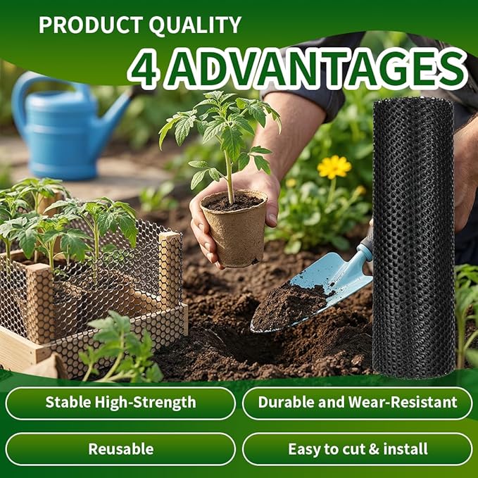 Plastic Chicken Wire Mesh Fence,Plastic Chicken Wire Roll 16in x 20ft,Garden Netting Fencing Barrier for Poultry, Animals, Pets and Balcony(Black)