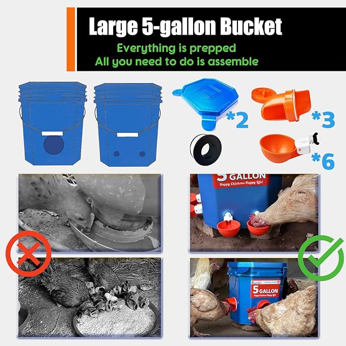 Chick Feeder and Waterer Set Bucket, Automatic Chicken Waterer 5 Gallon, No Waste Poultry Feeding System, Hanging Chicken Feeder Kit with Cups and Ports, Chicken Coop Accessories, 44Pound