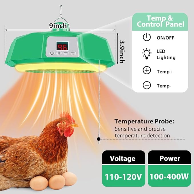Chicken Coop Heater with Thermostat & Light, 400 Watts Adjustable Fire Proof Chicken Coop Heater For Winter, Heat Lamp Warmer Fan include Remote Control, For Poultry Dog Cat Rabbit