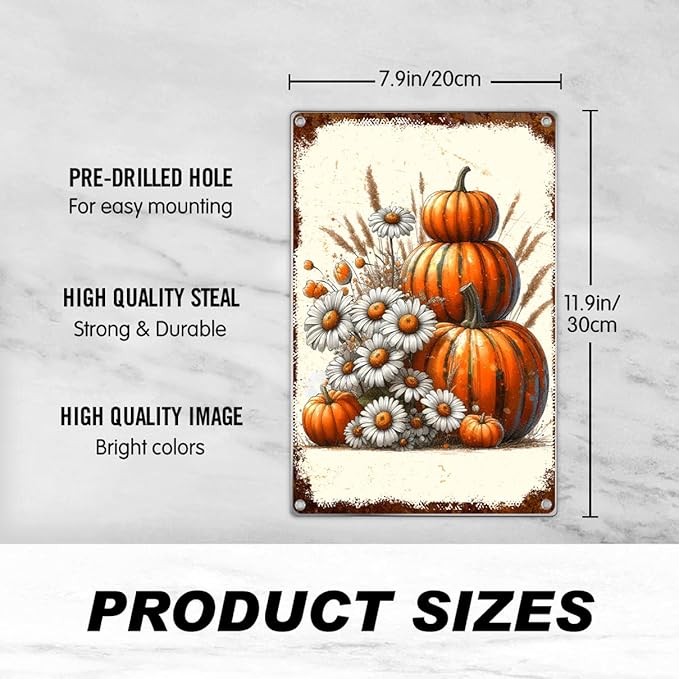 Vintage Pumpkin And Daisy Metal Tin Sign Rustic Fall Harvest Wall Art Farmhouse Autumn Decor For Home Kitchen Or Garden 8 x 12 Inch Outdoor Indoor Aluminum