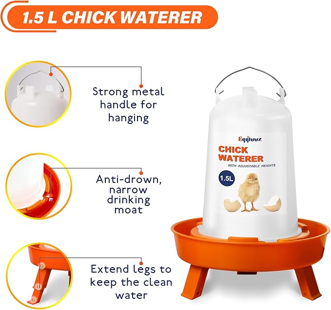 Chick Feeder and Waterer Set, Top Fill 3kg Chick Feeder and 1.5L Chick Waterer with 3 Adjustable Heights