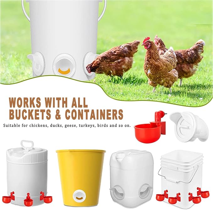 Chicken Feeder Waterproof and Chicken Waterer Cup, 6pcs No Waste Chicken Feeder for Buckets,Barrels,Bins, and 6pcs Chicken Water Cups for Chickens, Birds, Turkeys etc