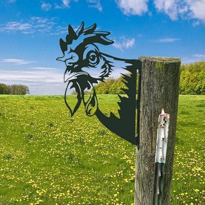 Farm Peeping Cow Metal Art Outdoor Decor Garden Fence Decoration, Farmhouse Backyard Hang Artwork Wall Decor, Outdoor Yard Patio Lawn Statue Gift for Loved Dad Grandpa (Rooster)
