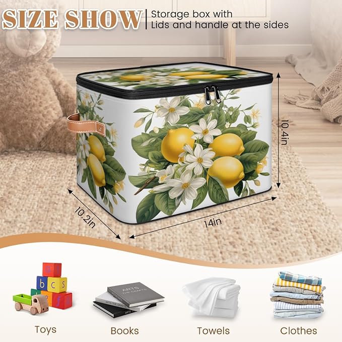 Lemon Fruits Storage Bins with Lids, White Flower Fabric Storage Boxes with Zipper, Collapsible Decorative Closet Organizer Cube for Clothes, Toys, Organizing, Shelves