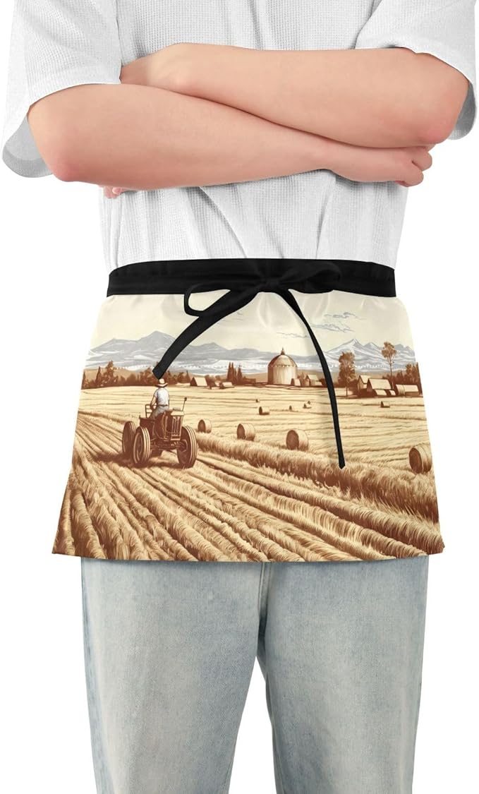 Server Apron with 3 Pockets, Farmer with Bales 12 Inch Waist Apron for Waiters Gardeners, Waterproof Half Apron Waitress Apron