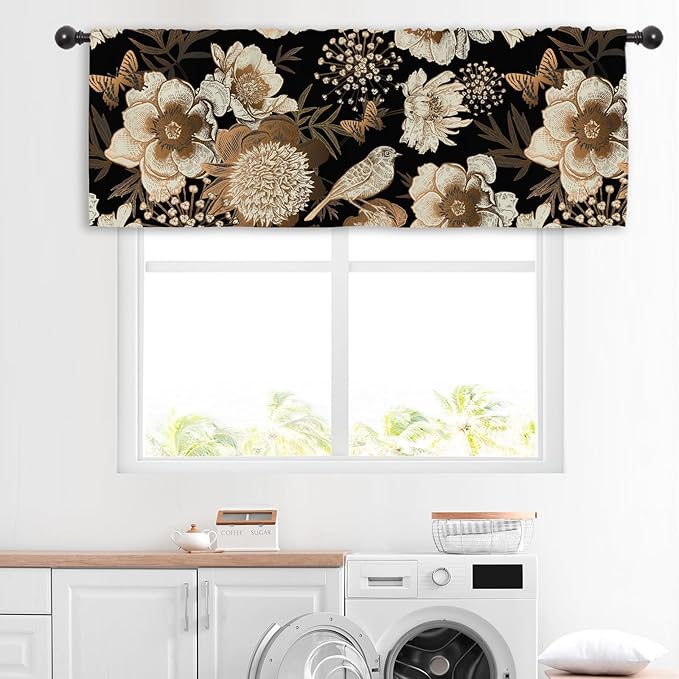 Miyotaa Black Flower Kitchen Curtain Valance 54W x 18H Rod Pocket Vintage Bird Butterfly Botanical Retro Plant Blossom Window Treatment for Living Room Bedroom Bathroom