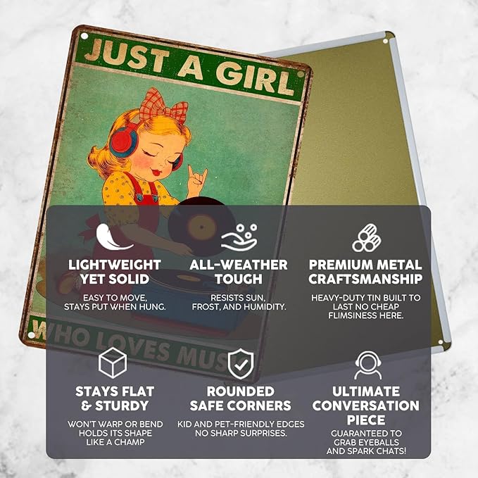 Vintage Music Tin Sign Just A Girl Who Loves Music Retro Girl Metal Poster Nostalgic Wall Decor Wall Art For Home Cafe Bar Living Room Bedroom Pub Club 16 * 12In
