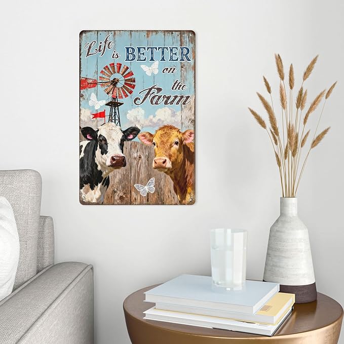 Farmhouse Tin Sign Life Is Better On The Farm Rustic Metal Wall Art Decor For Home Kitchen Farm Barn Vintage Cow Sign 8x12 Inch