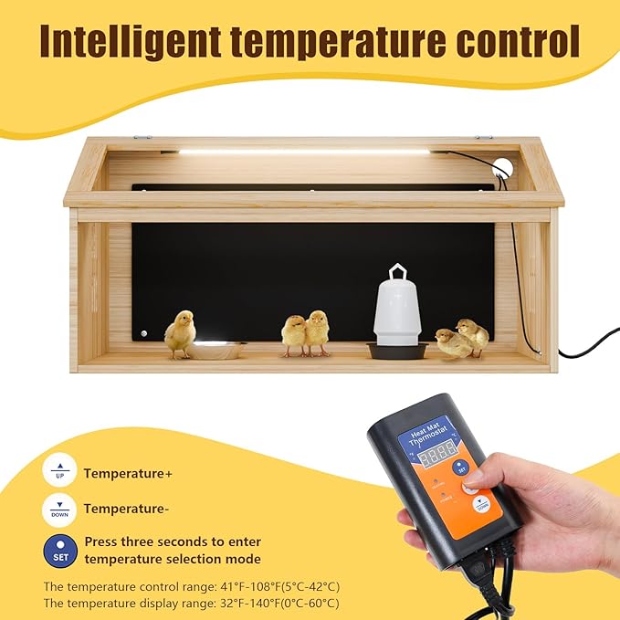 Brooder Box for Chicks Wooden, Chicken Brooder House with Thermostat & Heating Plate,All-in-One Chicken Brooder House w/Poultry Waterer, Adjustable Temp,Holds 30 Chicks Ducks Quails, 31.5"×15.7"×15.7"