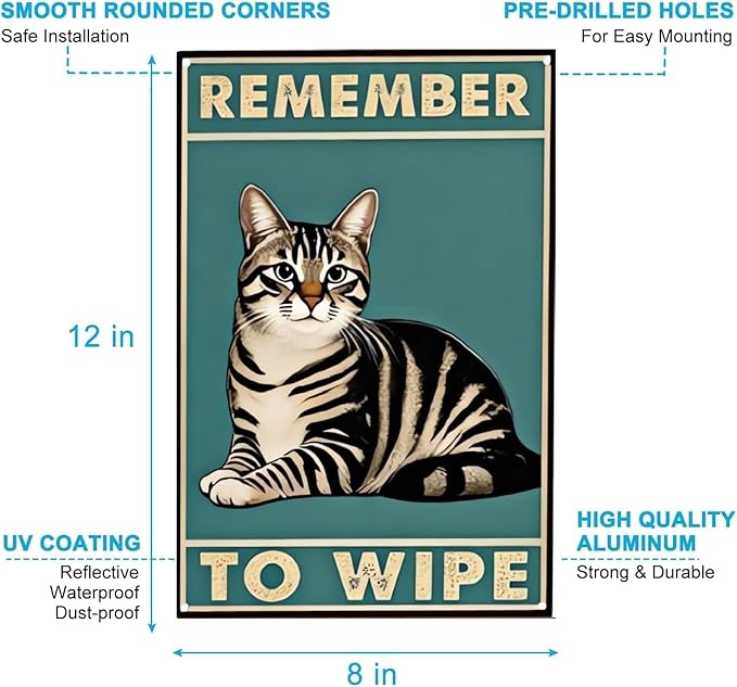 Funny Bathroom Metal Tin Sign – Vintage "Remember to Wipe" Wall Decor for Restroom, Toilet, or Powder Room – 8x12 Inch Retro Bathroom Humor Sign