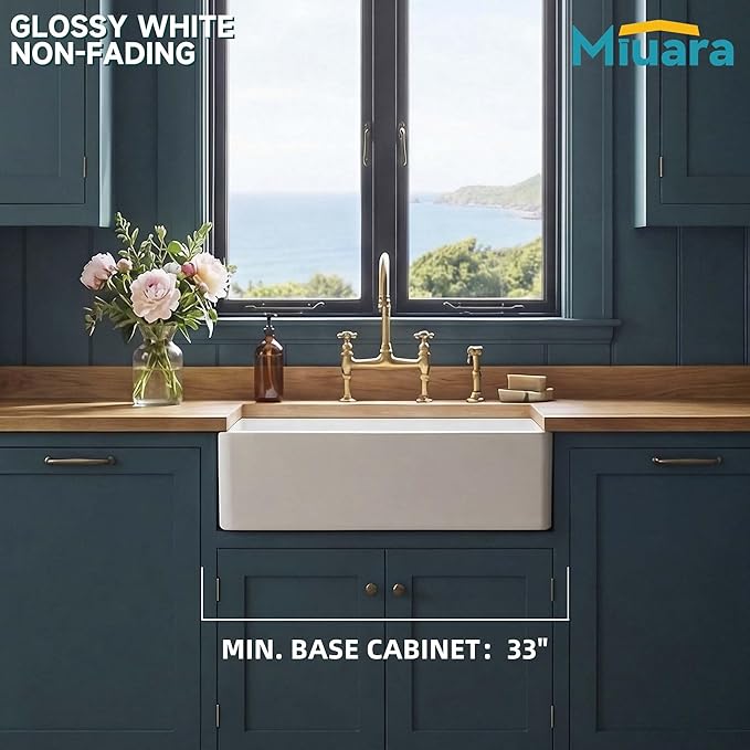 Miuara Farmhouse Sink 30 Inch - White Apron Front Undermount Kitchen Sink Reversible 30"x20"x10", Farm House Style Deep Single Bowl, Heavy Duty Solid Fireclay, Glossy White, for Kitchen