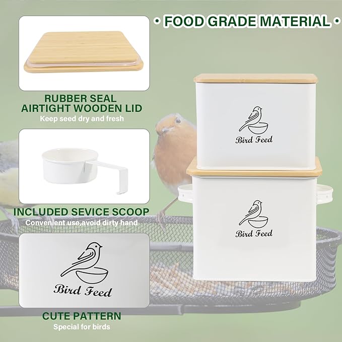 Airtight Bird Seed Storage Container Set of 2, 10LB Metal Bird Food Container with Bamboo Lids,Wild Bird Seed Tin for Storing Sunflower Seed-Squirrel proof -White
