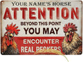 Custom Your Name Chicken Attention Sign Funny Farm Rooster Metal Tin Plaque Vintage Rustic Wall Decor for Backyard Barn